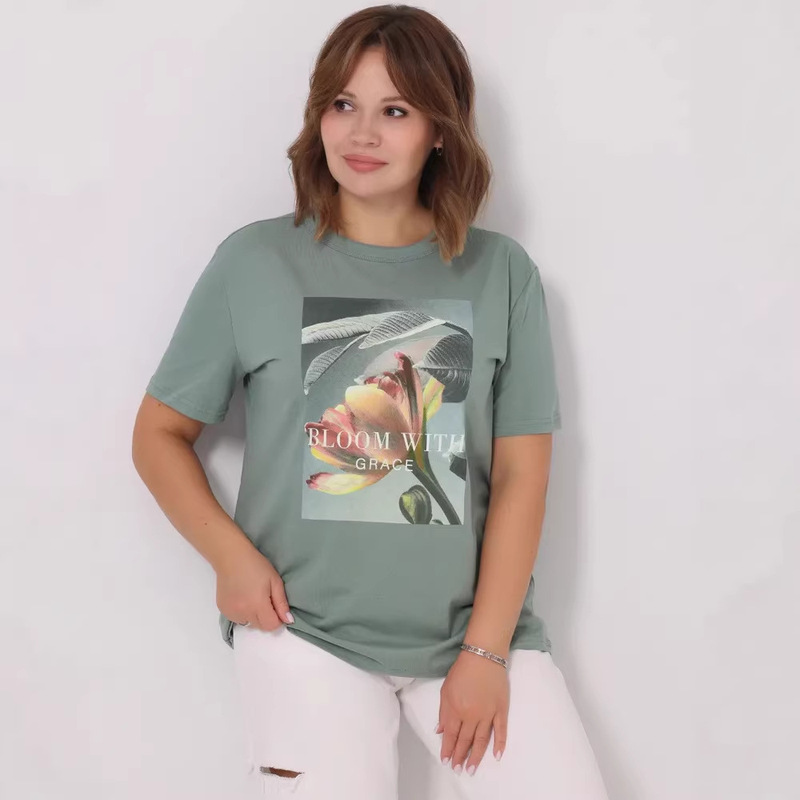 Vintage Tulip Letter Print T-Shirt Pure Cotton Ozon Cross-Border Exclusive Versatile Plus-Size Top for Casual Wear