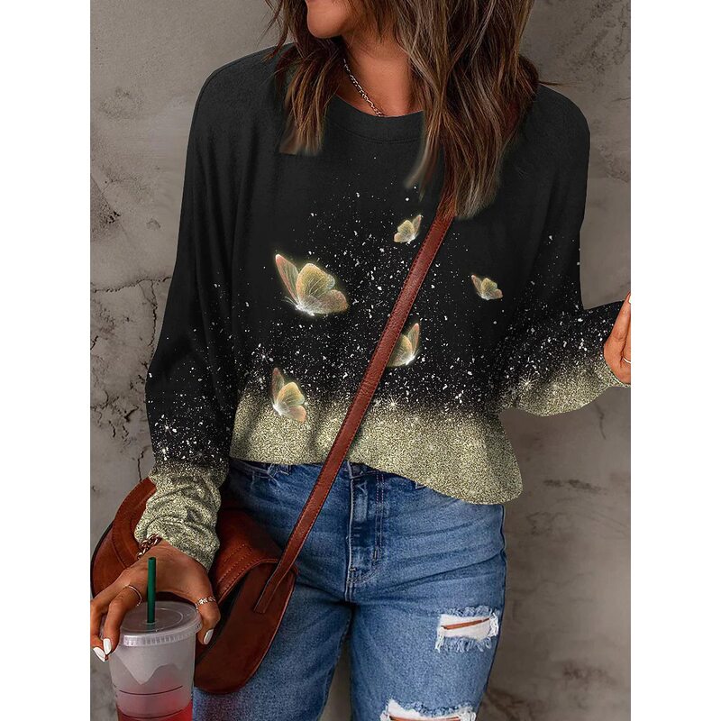 European and American Fashion Women's Long-sleeved Round Cotton T-shirt Large Size All-match T-shirt European and American Fashion Women's Long-sleeved Round Cotton T-shirt Large Size All-match T-shirt