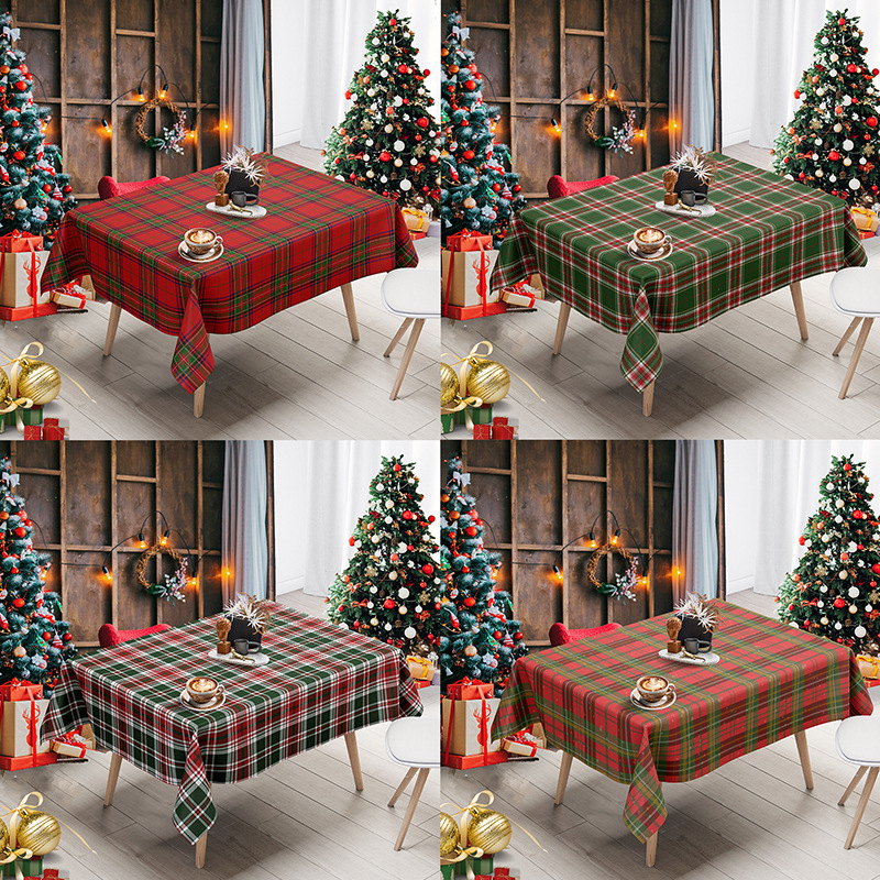跨境节日格子桌布圣诞节数码印花新年装饰气氛餐桌台布防尘布定制