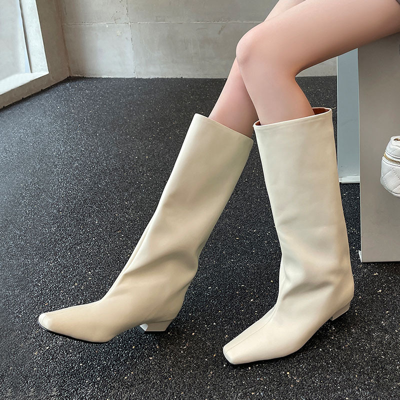 New creamy-white cowhide knee-high boots ~ Korean square head stitching sleeve thick heel low heel simple temperament fashion boots