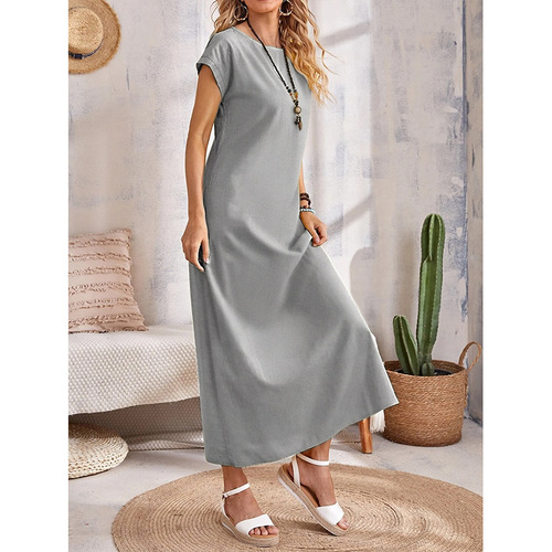 Summer European and American-style minimalist women's clothing: Round-neck, short-sleeve, loose-fitting, casual, long-length solid-color dress
