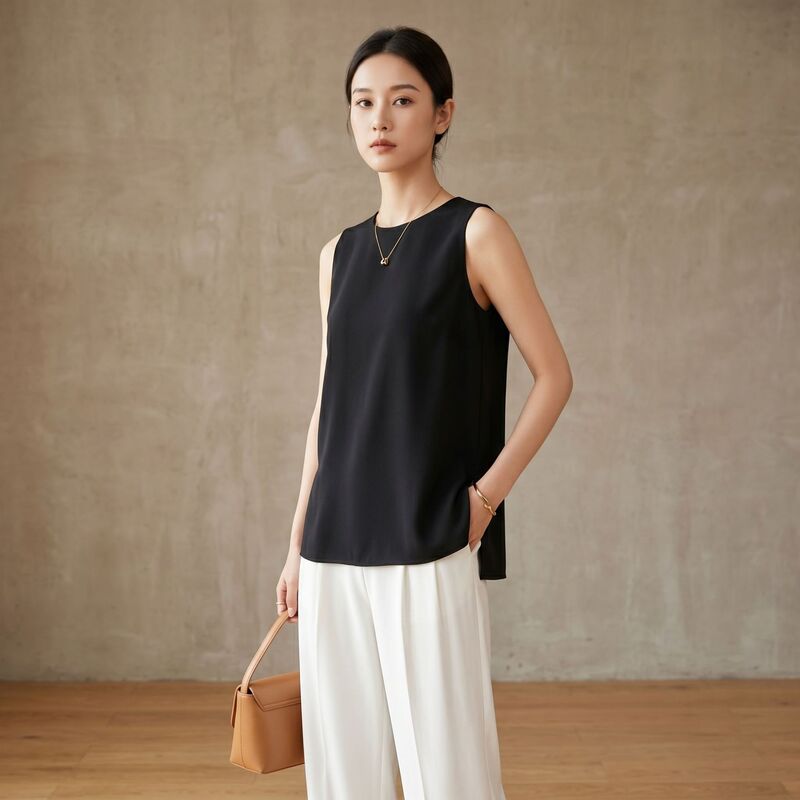 Summer Sleeveless Heavy Silk Vest Women's Double Layer New Base Black Sling Mulberry Silk Commuter Round Neck Top