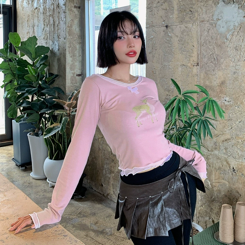 L171TP American Spice Girl 2024 осень новый сплошной цвет оленьи принты кружева с длинными рукавами тонкая женская топ