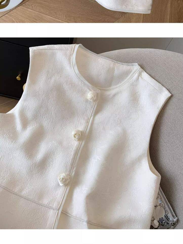 Áo ghi lê nữ dáng cardigan không tay họa tiết hoa jacquard, dài áo 50–65 cm — màu đen chi tiết 16