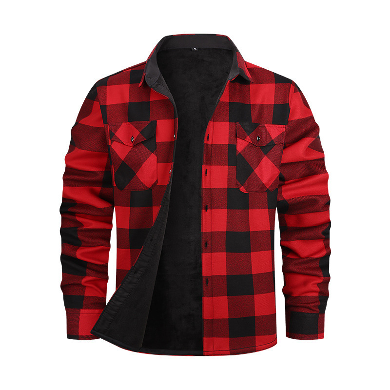 Cross-Border New Amazon Fleece Warm Shirt Men's Plus Velvet Thickened Flannel Brushed Plaid Shirt Men's Long Sleeves Cross-Border New Amazon Fleece Warm Shirt Men's Plus Velvet Thickened Flannel Brushed Plaid Shirt Men's Long Sleeves