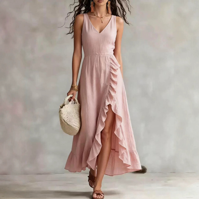 Cross-border foreign trade Y2K summer women's clothing V-neck sleeveless dress, pink ruffled slit vacation-style beach maxi dress