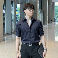 韩系夏季休闲纯色商务小衬衣宽松帅气男士中袖五分袖翻领衬衫