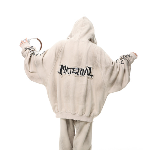 American-style unisex post-apocalyptic distressed-dye heavyweight hoodie jacket set for men, featuring patchwork embroidery and a hood.