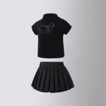 女童高领夏季新款收腰显瘦短款短袖黑色猫咪T恤上衣ins潮