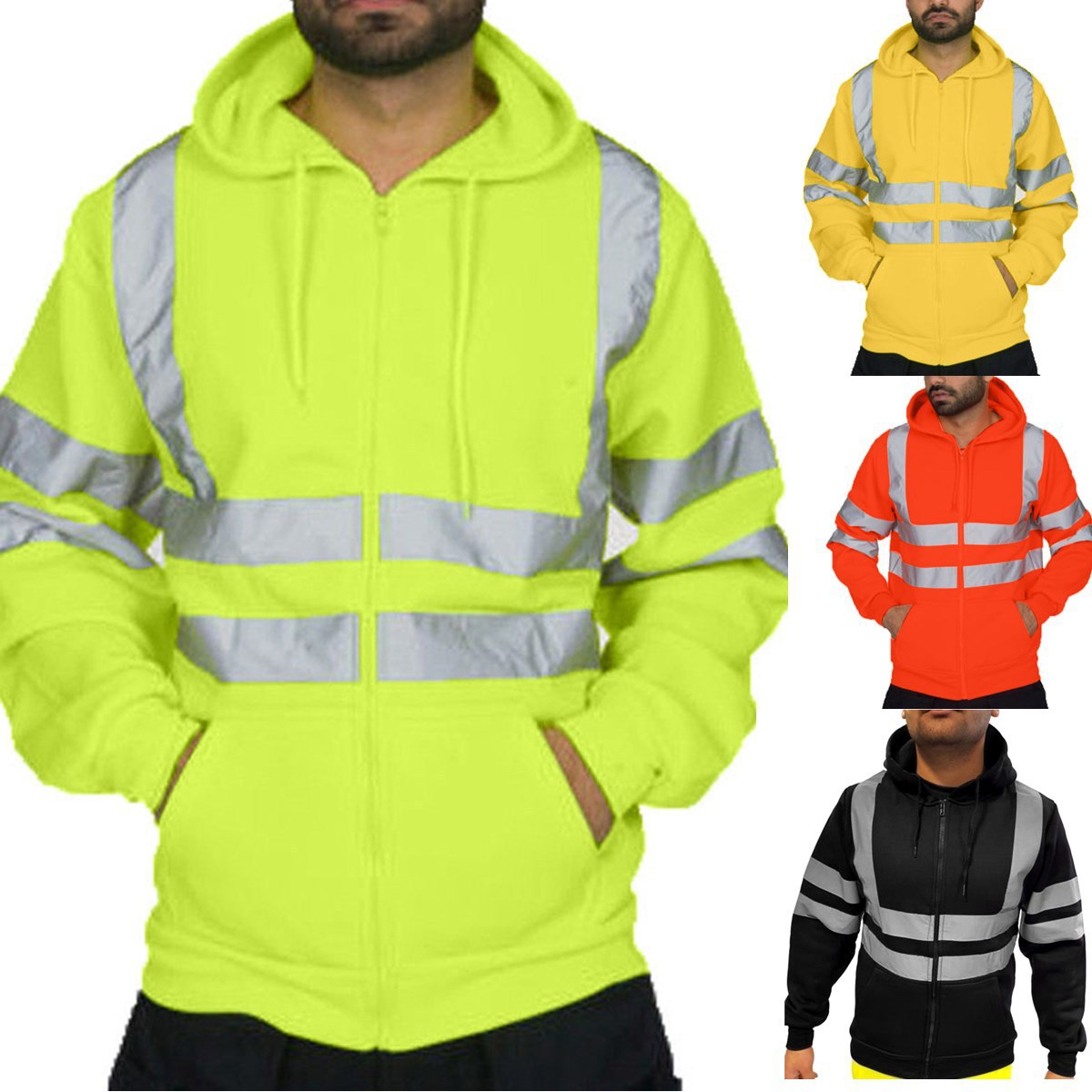 Men's Clothing reflective strip plus velvet sweatshirt outdoor sanitation work clothes zipper hooded color matching sweatshirt jacket_voghion.com