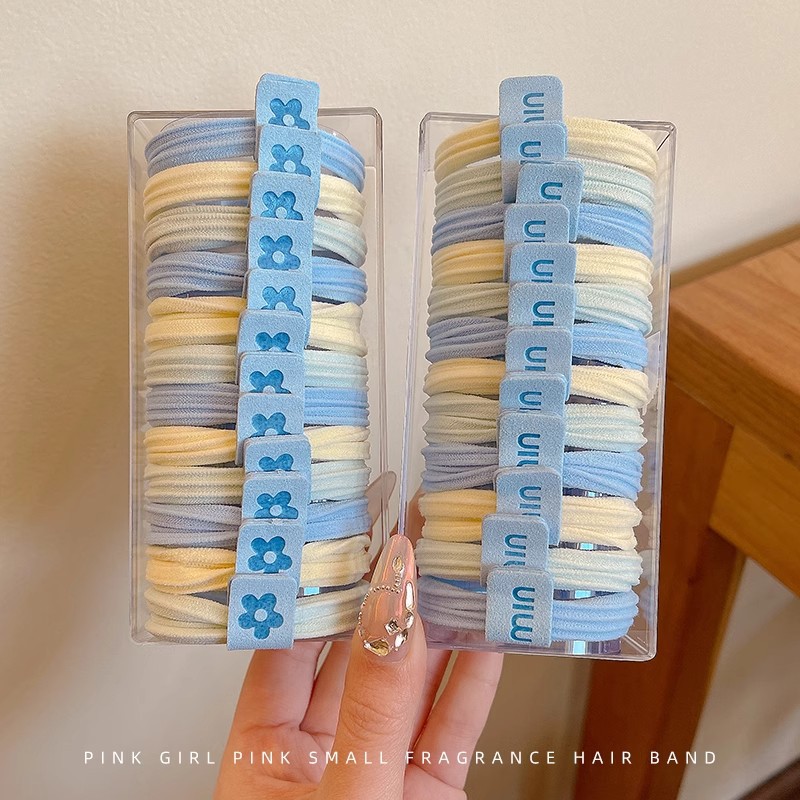 Coreano azul crema estuche de cuero pequeño grueso cuerda para el cabello mujer verano alta elástico cuerda para el cabello cuerda alta cola de caballo lazo para el cabello banda elástica