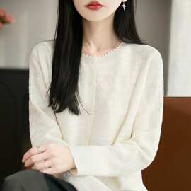 圆领精纺羊毛衫女新款针织衫蕾丝镂空打底衫春秋内搭宽松外穿上衣