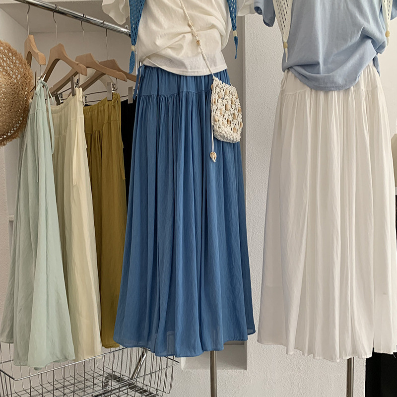 Omalai Elastic High-Waisted Side Drawstring Tie Solid Color Mid-Length Skirt Summer Korean Style Simple 7189
