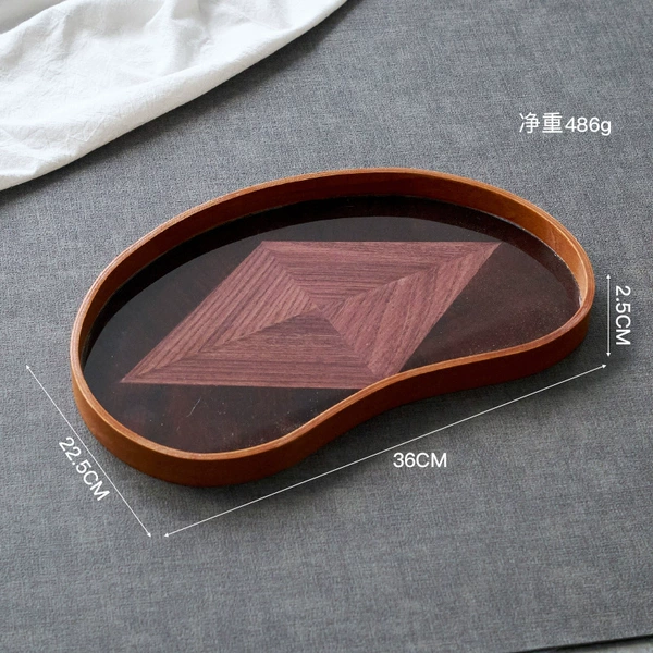 Semi-circular glass printed wood grain tray large size