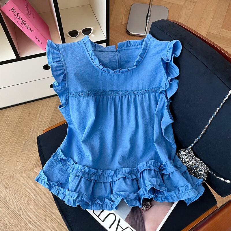 Actual Shot of the New Summer Style Niche Ear-Shaped Round Neck Shirt for Women, the New Summer Style Slimming and Versatile Flying Sleeve Top