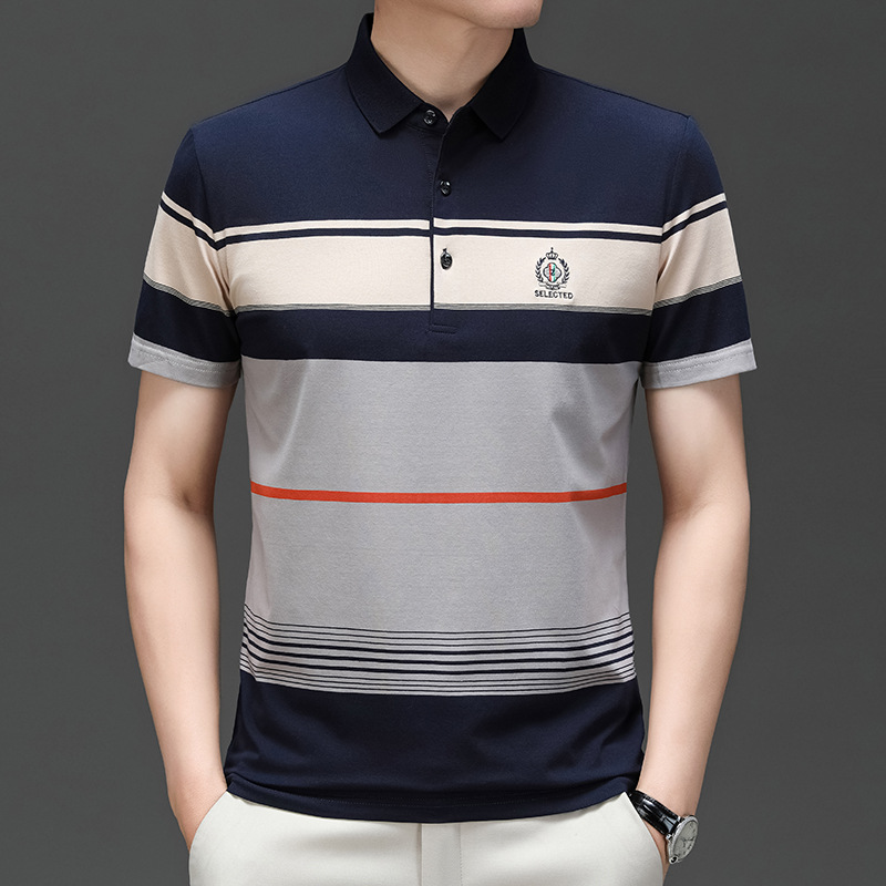 Exclusivo transfronterizo para verano nuevo estilo de algodón bordado de manga corta camiseta de hombre a rayas casual solapa de gran tamaño camisa POLO para hombre