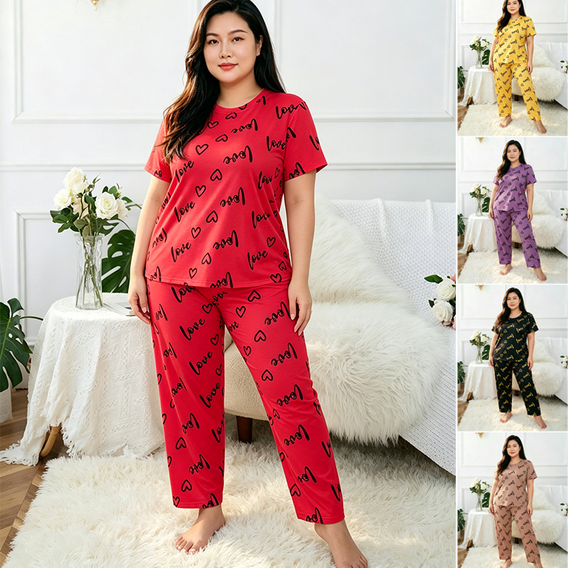 European and American style plus-size home wear with English letters and heart pattern, round neck, large size short-sleeve long pants women's pajama set