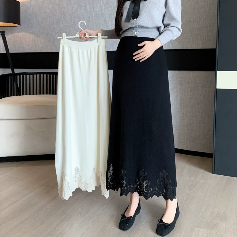 Юбка для беременных осенний и зимний расширенный чувство с открытой вилкой трикотажный шитье кружево темперамент для беременных шерстяная нить длинная юбка корейская