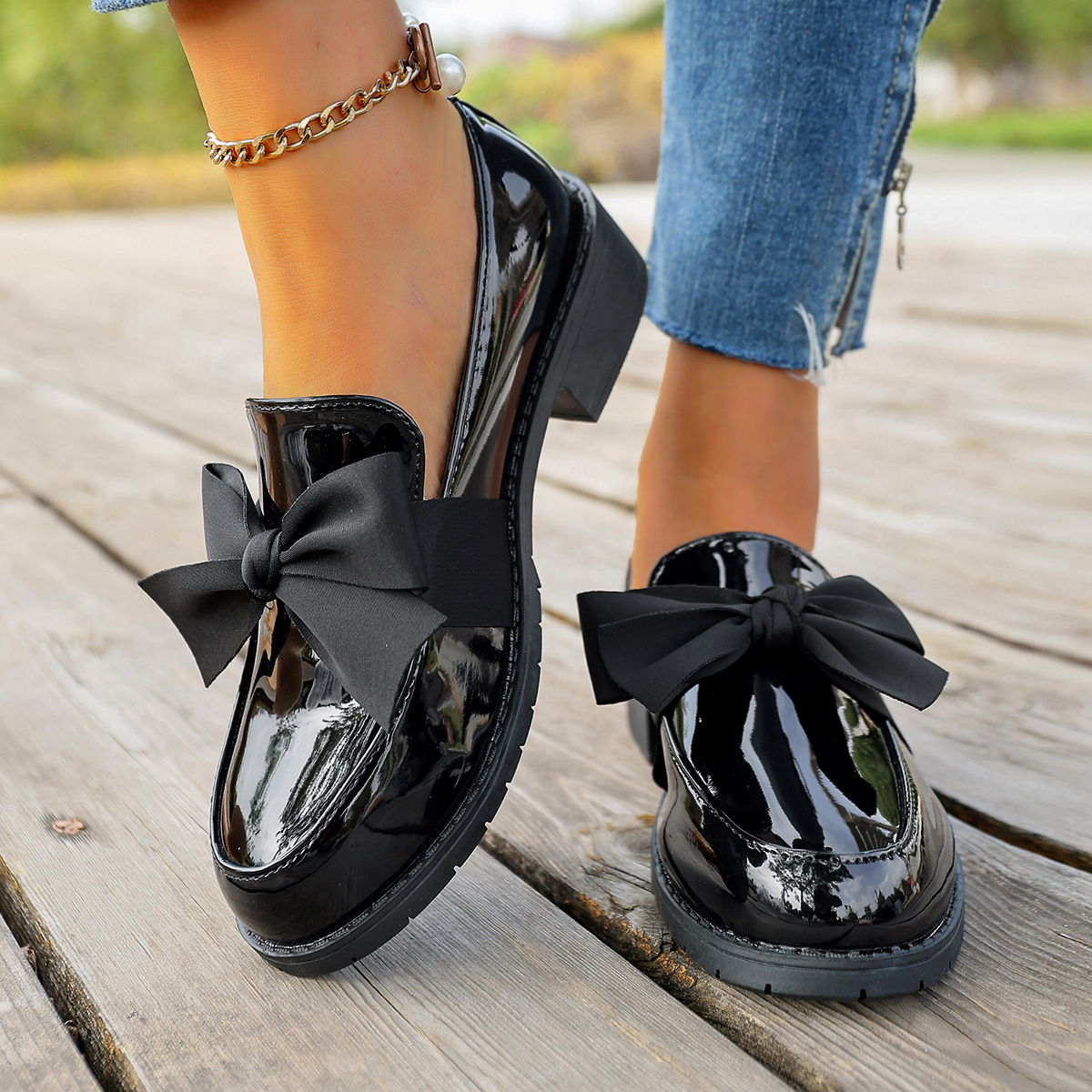 Damen-Retro-Schleifen-Lederschuhe, mittelhoher Absatz, britischer Stil, Frühling_voghion.com