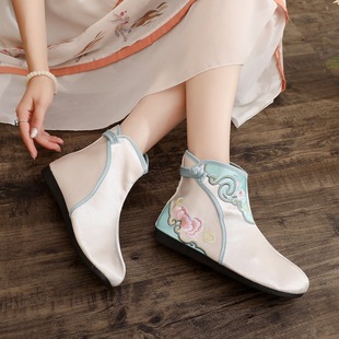 2024 New Product Old Beijing Embroidered Cloth Shoes Chinese Style Autumn Han Dynasty Shoes Ancient Costume Women's Single Boots Flat Short Boots Women's Shoes