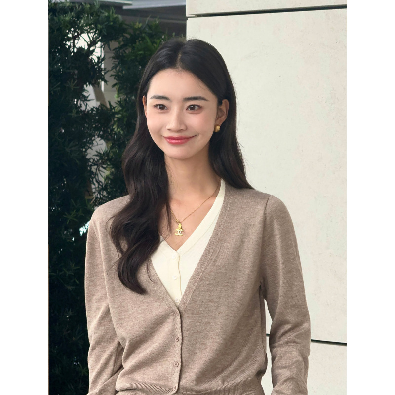 pusumede 复古收藏家 V领假两件针织开衫女宽松气质薄款外套上衣|undefined