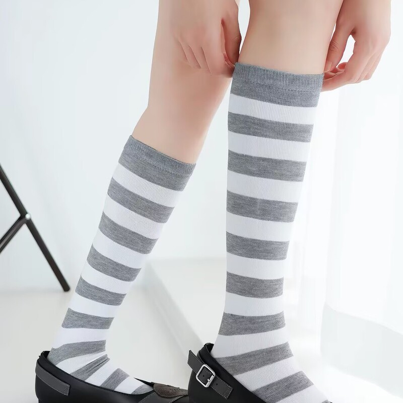 Striped socks, summer calf socks, thin gray and white color-blocked mid-calf socks for women, retro simple stacked socks