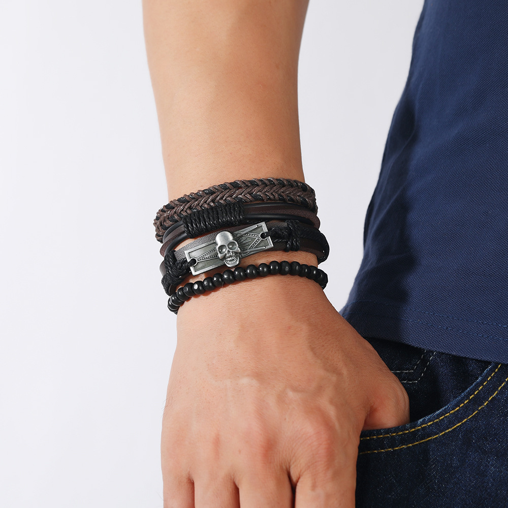 Hip-Hop Cross Letter Skull Pu Leather Alloy Menu0027S Bangle 1 Set