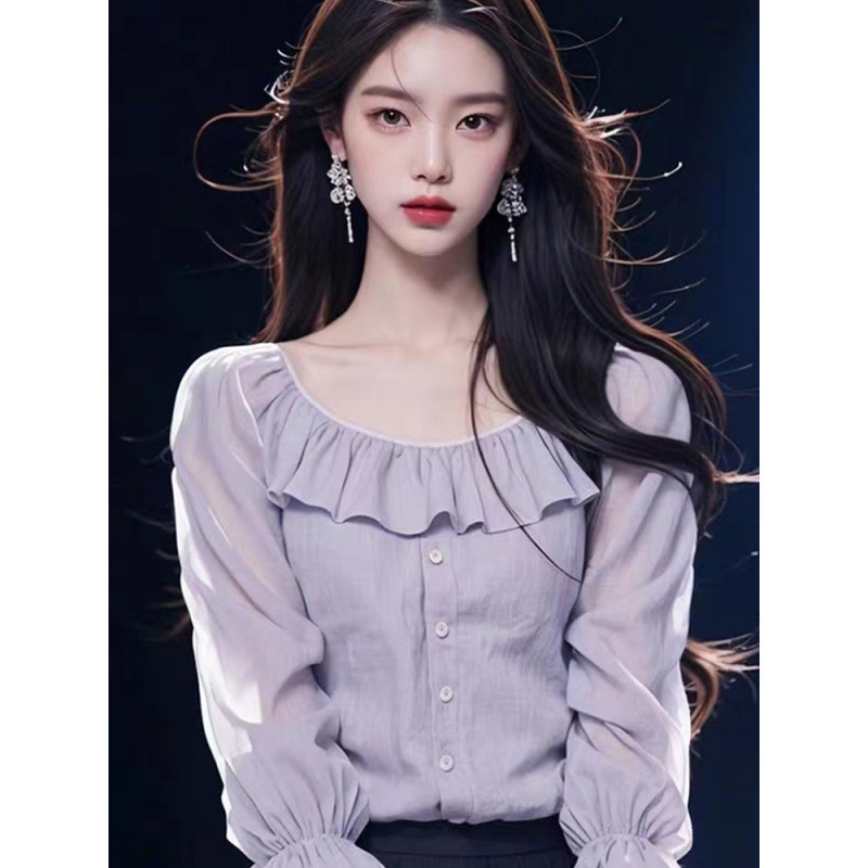 2025年秋の新作婦人服韓国系紫シフォンシャツ気質ハスの葉の縁の高級感七分袖上着|undefined
