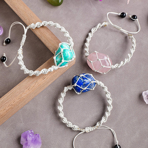 Cross-border hot selling natural crystal rolling stone mesh bag woven bracelet European and American fashion amethyst women's retro bracelet wholesale