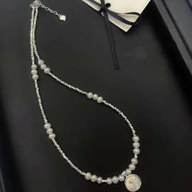 浮雕玫瑰S925银碎银珍珠项链贝母镶嵌吊坠4-5mm淡水珍珠40cm+尾链