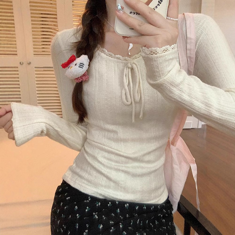 Sweet and Gentle Bm Style Lace-Trimmed Long-Sleeve T-Shirt for Women, New Autumn Slim-Fit Top for Layering