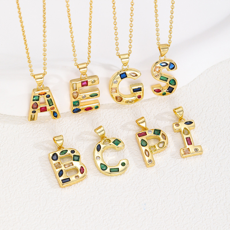 Cross-border hot sale 26 English letters copper inlaid zircon pendant diy jewelry accessories fashion simple colored diamond necklace