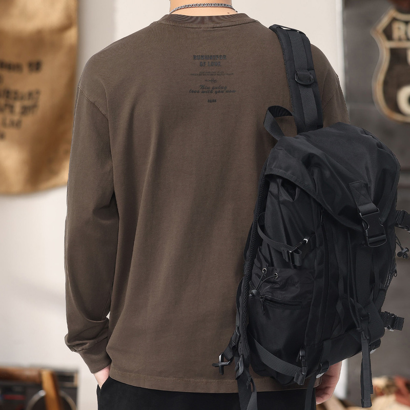 Spring Vintage Coffee-Colored Heavyweight Sweatshirt Men's Round-Neck Versatile Long-Sleeve T-Shirt Japanese Style Trendy Brand Knit Base Shirt