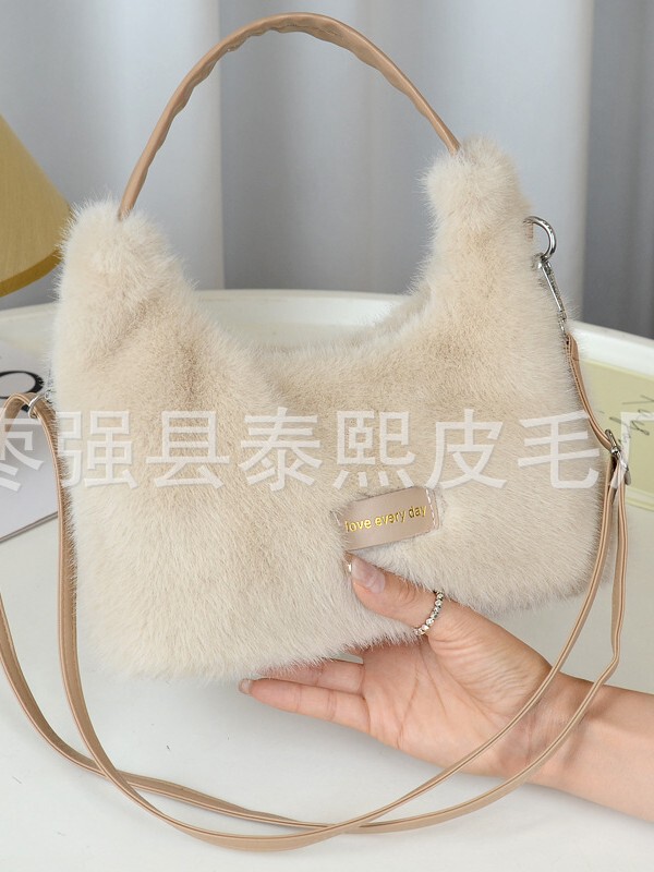 仿水貂毛女包大容量时尚清新简约牌牌毛绒手提皮带包质感单肩包|undefined