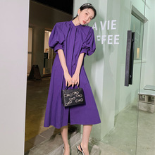 紫色连衣裙女短袖长款立领a字裙2022夏季新款复古宽松灯笼袖长裙