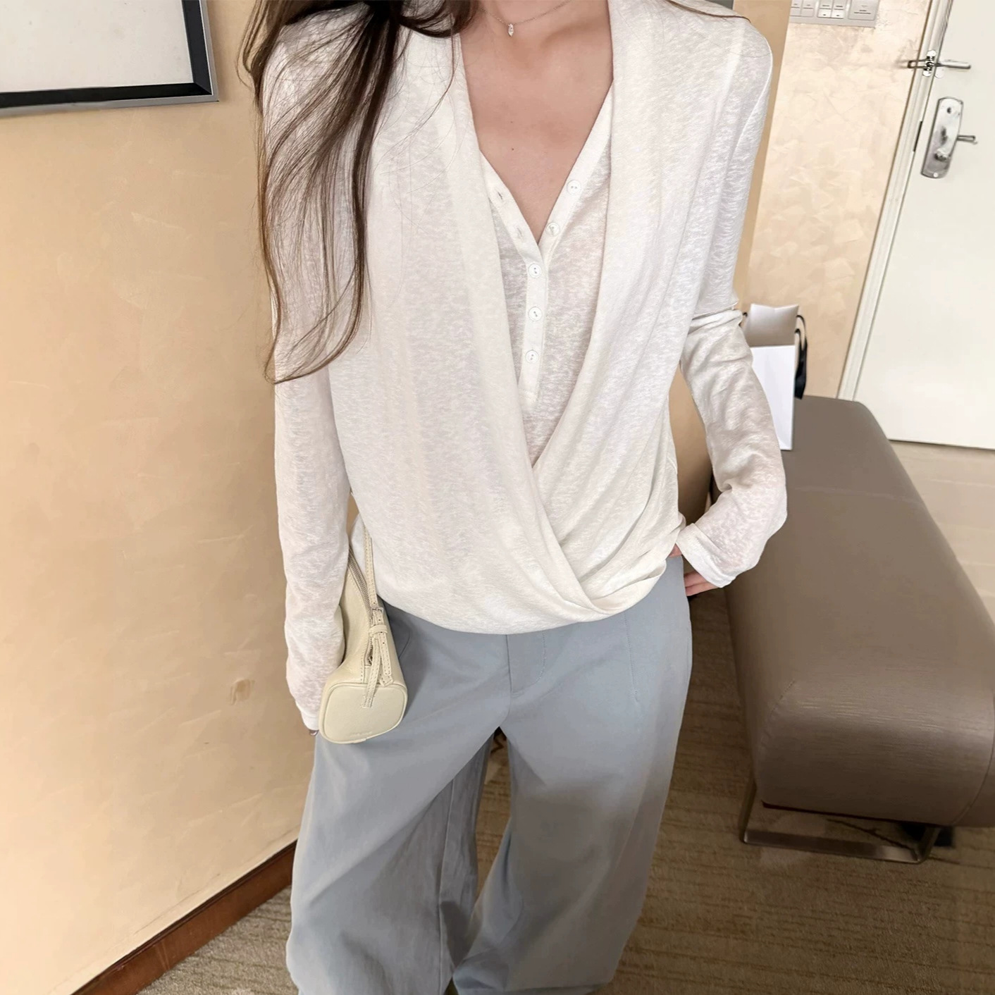 慵懒纸片人 莱赛尔+棉+亚麻混纺假两件上衣女垂荡长袖T恤