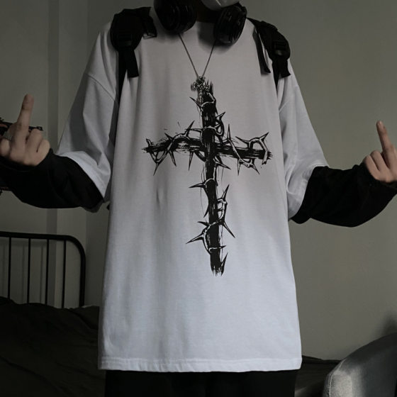 Retro High Street Diablo Hip-Hop Harajuku Thorn Cross Printed Loose Fake Two-Piece Stitching Long-Sleeved T-Shirt for Men