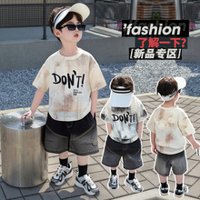 儿童夏装黑色牛仔短袖套装2025新款痞帅男宝宝跨境童装时髦两件套