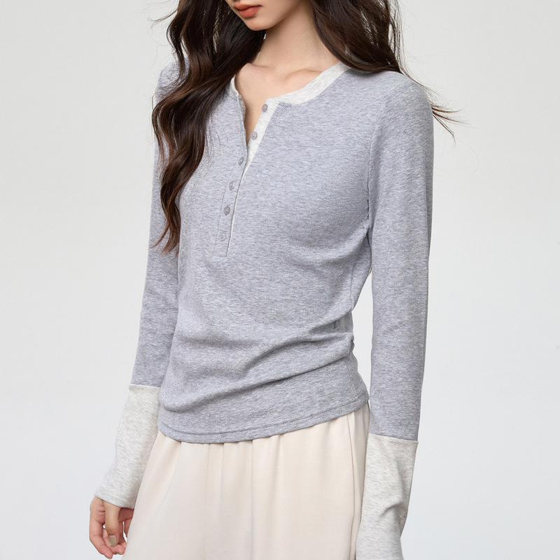 260g Eco-Friendly Fabric, Stylish New Color-Blocked Faux Two-Piece Round Neck Button-Up Long-Sleeve T-Shirt for Women, Autumn Top 260g Eco-Friendly Fabric, Stylish New Color-Blocked Faux Two-Piece Round Neck Button-Up Long-Sleeve T-Shirt for Women, Autumn Top