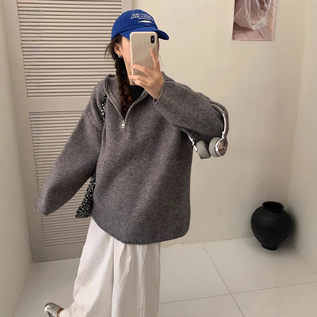 Solid color long knitted sweater dress with zipper for leisure with…