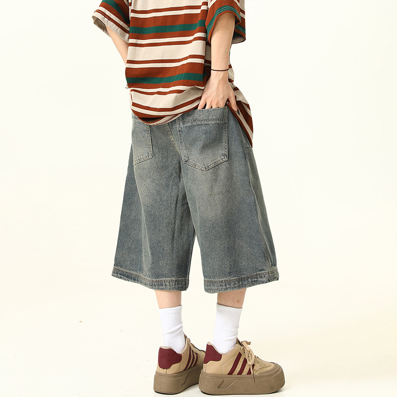 Pantalones cortos de mezclilla lavados en la calle retro americana pantalones de pierna recta para hombres y mujeres pantalones cortos de todo fósforo de la marca de moda de pierna ancha