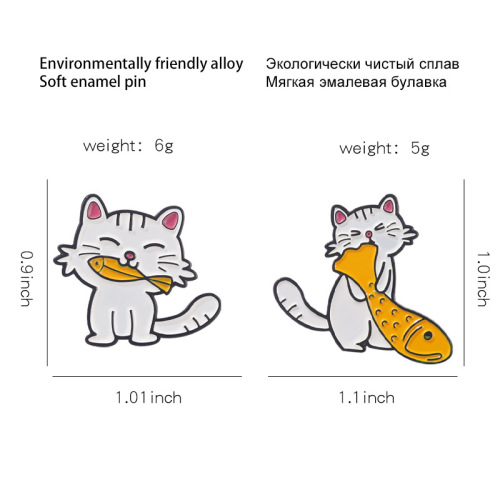 外贸新款卡通可爱猫咪吃鱼造型合金徽章男女情侣款动物系合金胸针