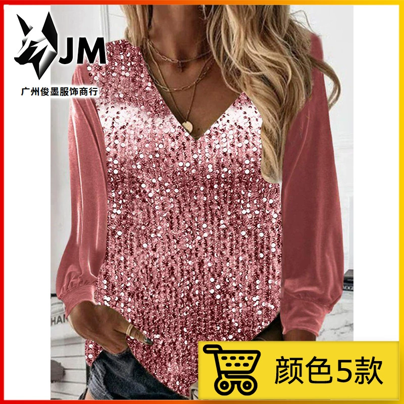 2023 Внешняя торговля, новая трансграничная женская повседневная женская футболка с V-образным вырезом и длинными рукавами, свободная женская футболка с цифровым принтом и блестками