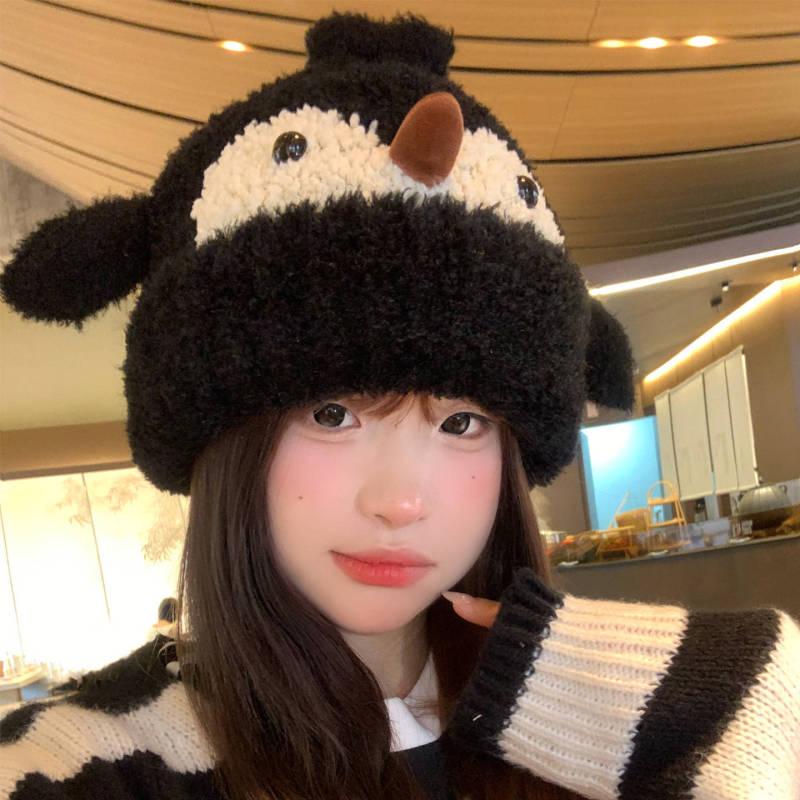 日系可爱小企鹅毛绒帽女秋冬加厚保暖护耳百搭显脸小针织套头帽子|undefined