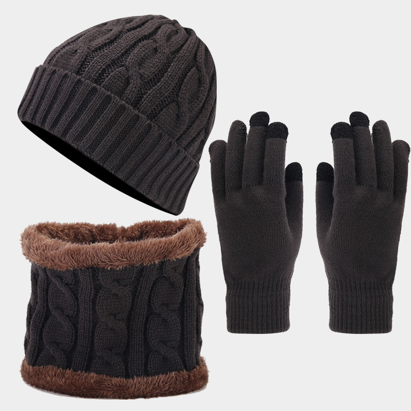 Otoño e invierno nuevo retro giro engrosado cálido sombrero bufanda guantes de tres piezas conjunto amazon venta caliente traje a prueba de frío