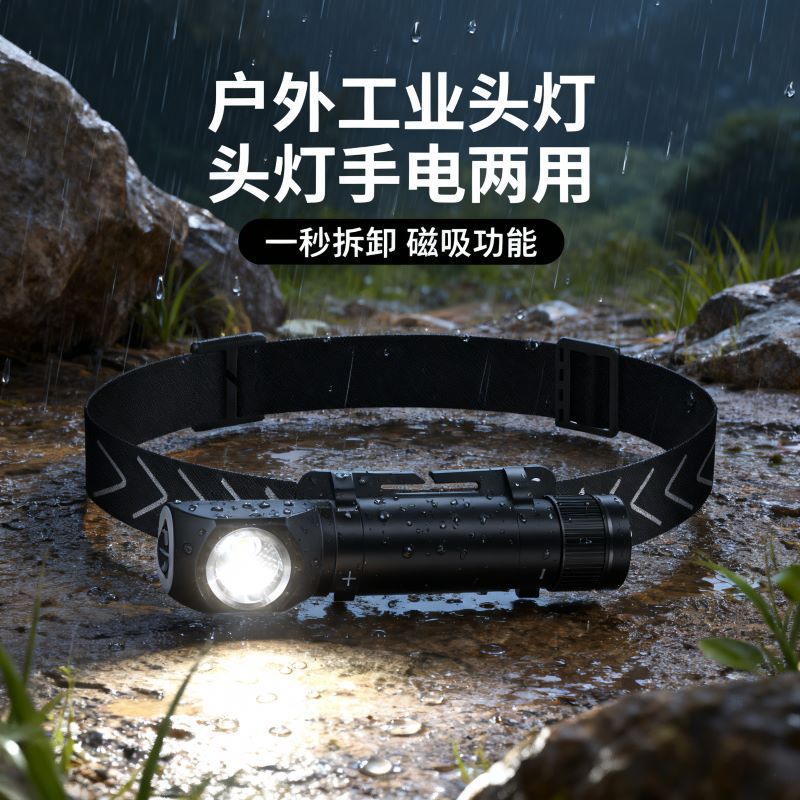 跨境磁吸手电筒手握式汽修头戴式多功能转角户外头灯工作充电式