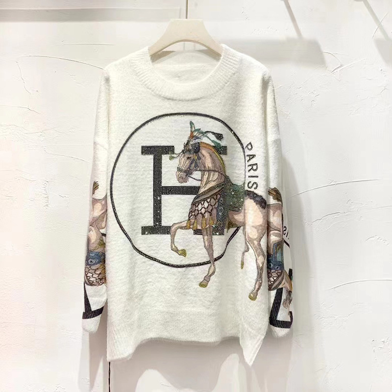 H Horse Printing Hot Drilling Long-sleeved Hooded Pullover Mink Sweater Women's Autumn Loose plus size Casual Top Knitted Sweater