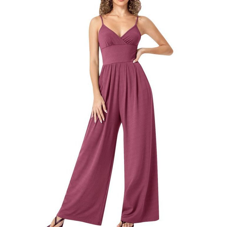 2023 europeo y americano Amazon AliExpress nuevo color sólido con cuello en V sexy Correa recta casual mono de mujer