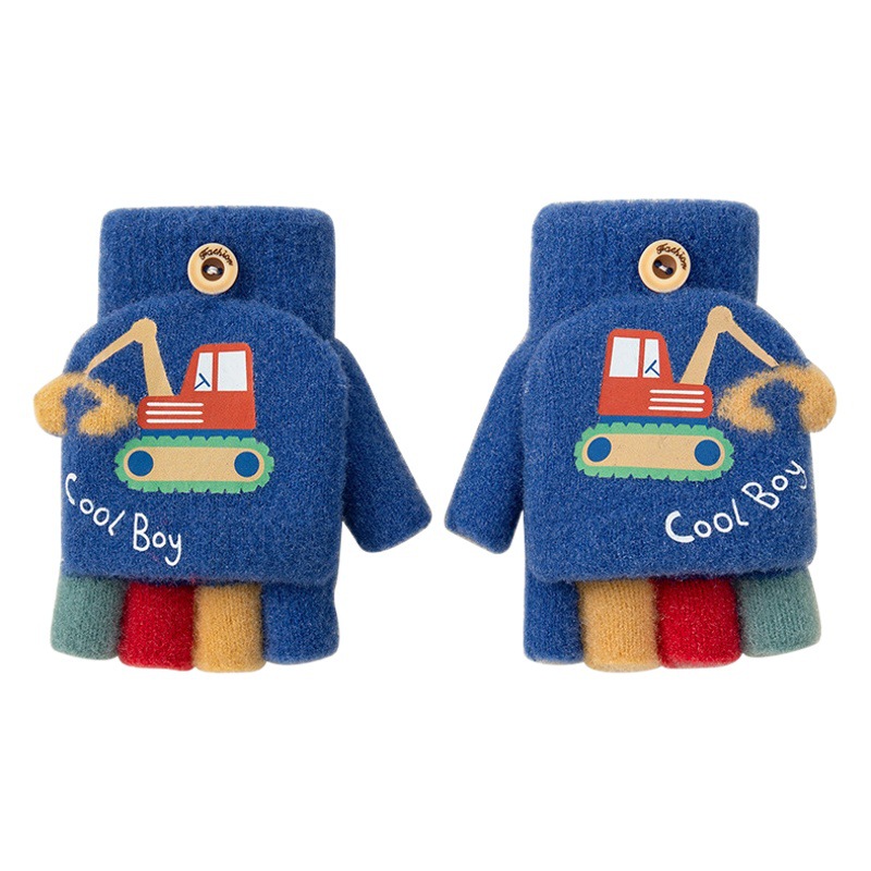 Excavator-Themed Boys' Winter Cartoon Cute Kindergarten Half-Finger Knitted Woolen Cold-Proof Warm Children's Flip-Top Gloves