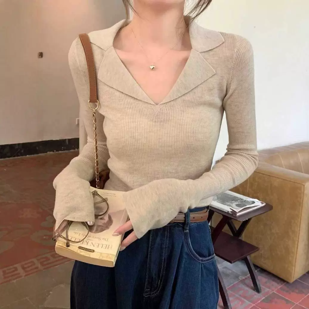 高级螺纹polo翻领针织毛衣女春季秋装V领法式内搭长袖打底衫上衣